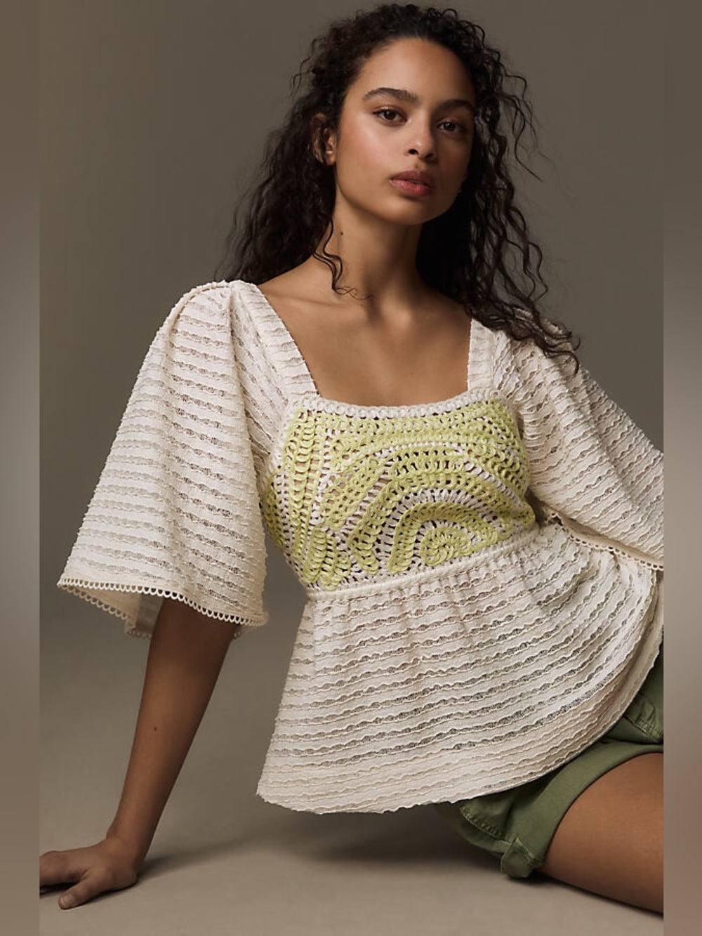 NWOT Anthropologie Sarah Hann Flutter Sleeve Crochet Top Ecru Lemon Size M
